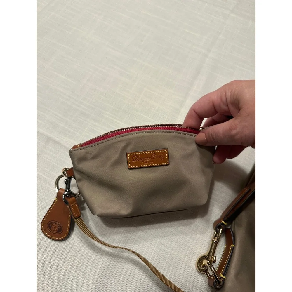 Dooney & Bourke Taupe Nylon Hobo Shoulder Bag Leather Trim Coin Purse Set